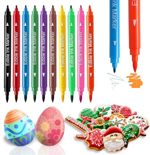 Edible Markers 10 Pcs Food Coloring Pens Fine and Thick Tip Food Grade Gourmet Writers for Cookies DIY Fondant Cakes Baking Party Decorating Drawing Writing（10PCS)
