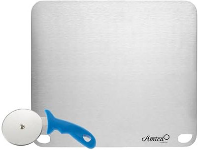 Gi.Metal Kit de placa de acero inoxidable de 40 x 35 cm + cortador de pizza – Para horno, barbacoa y gas – Cocción uniforme y corte preciso – Uso doméstico y profesional