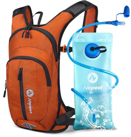Nepest Zaino da 8 l, zaino da bicicletta e da sci con bolla da 2 l, ideale per mountain bike, corsa e sci, petto e cintura regolabili con fischietto di sicurezza, Colore: arancione., Universale