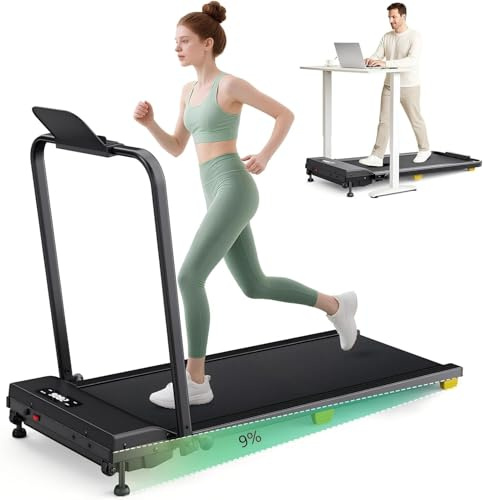UREVO Tapis Roulant Pieghevole con Inclinazione 9%, Modalità HIIT One-Touch, Manubrio di Sicurezza,Tapirulan Salvaspazio Per Camminata o Corsa in Casa/Ufficio, Nessun Montaggio