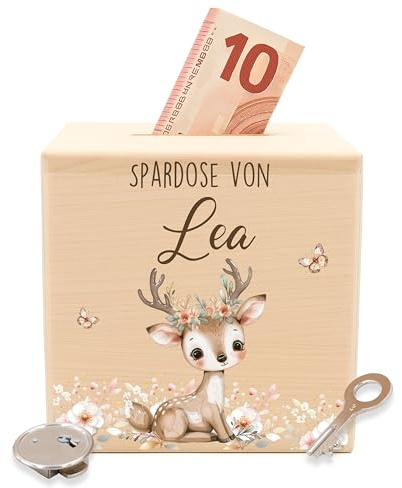 Kidsmood - Personalisierte Spardose Kinder mit Schlüssel aus Holz, Sparschwein Kinder mit Namen als Taufgeschenk, Geburtstagsgeschenk & Einschulungsgeschenk für Mädchen & Jungen - Schmetterlinge