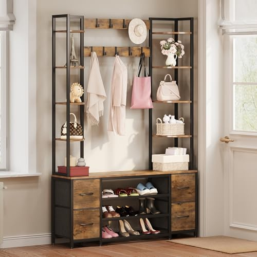 Tohomeor Perchero de pie con zapatero, árbol de tablón independiente con banco, 8 estantes de madera aglomerada y 4 cajones plegables, con 9 ganchos para pasillo, salón, dormitorio (marrón rústico)