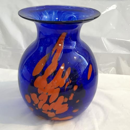 Jarrón de cristal redondo con forma de bola, color azul y naranja, jaspeado, soplado, altura aprox. 20 cm, diámetro aprox. 15 cm