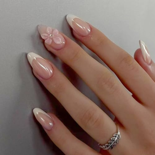 Viugex 24Pcs Press on Nails Mittel Mandel, Nude Rosa Nägel Zum Aufkleben mit 3D Blumen Strass Design, Wiederverwendbare Elegant French Fake Nails, Soft Gel Fingernägel zum Aufkleben für Frauen Mädchen