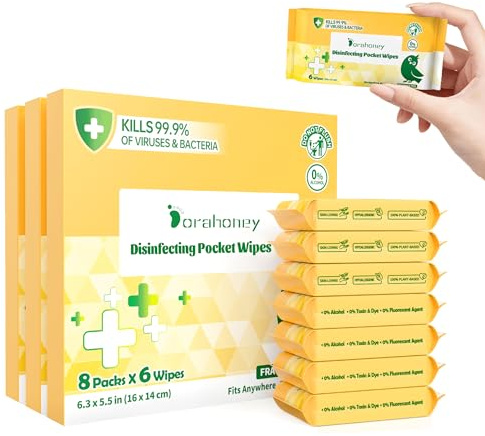 Dorahoney Lingettes Antibactériennes Voyage, Mini Lingettes de Poche, Lingettes Nettoyantes pour les Mains et les Surfaces, Sans Alcool, Sans Parfum, Multi-Usages, 24 Paquets (144 Lingettes)