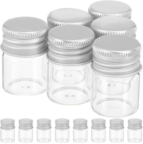EPIGEIST Botellas Pequeñas de Vidrio Transparente 5 Ml Tapa de Aluminio Rosca Plateada, Mini Frascos para Aceites Esenciales, Manualidades y Decoración Navideña, Pack 100