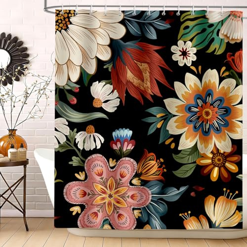 hometrixx Boho Retro Duschvorhang Bunte Blumen Tropische Blätter 180x200cm | Wasserdicht Polyester, Maschinenwaschbar, Badevorhänge mit 12 Ringe, Schimmelresistent Badezimmervorhang für Dusche Bad