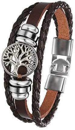 Flongo Herrenarmband Männer Frauen Armband Damen Lederarmband, Metall Leder Armband Armreif Geflochten Lederband Baum des Lebens Tree of Life Braun Surfer Wickelarmband