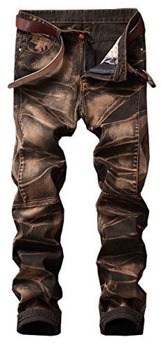 Yollmart Men's Biker Moto Skinny Fit Jeans Straight Denim Pants-coffee-tag42