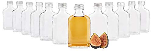MamboCat Set di 12 bottiglie da 100 ml, vetro Flachman con tappo a vite argentato, bottiglie per liquori da riempire, 12 bottiglie di vetro da 100 ml, ermetiche