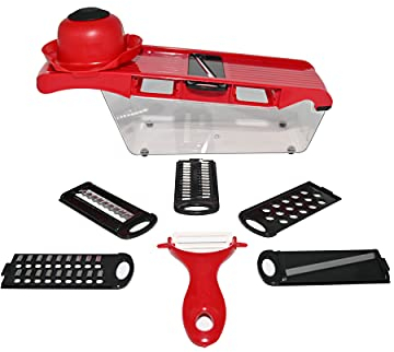 Ram® 6 in One Multi-Function Vegetable Grater, Mandoline Slicer, Potato Chipper, Food Cutter with Storage Container for Onion, Tomato, Cucumber, Carrots, Fruits, Cheese