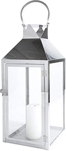 FineHome Große Luxus Gartenlaterne aus rostfreier Edelstahl Windlicht Laterne Glas 54x18x18cm Silber