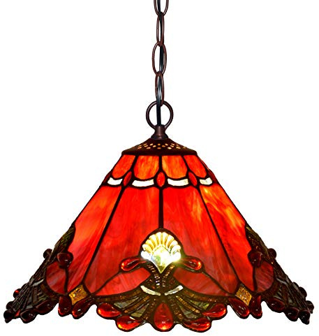 HT Tiffany Style Hanging Pendant Lamp 13 Inch Wide Red Sermon Design Stained Glass Lampshade 2-Light Iron Chain Traditional Handmade Ceiling Pendant Decor for Restaurant Corridor Bedroom Living Room