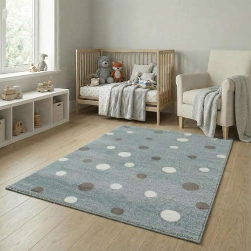 Jimri Kinderteppich DOTS l Pünktchen Gepunktet l Öko-Tex Siegel | Farbe: Beige Blau Rosa | Kinderzimmer/Jugendzimmer (Mint, 120x170 cm)
