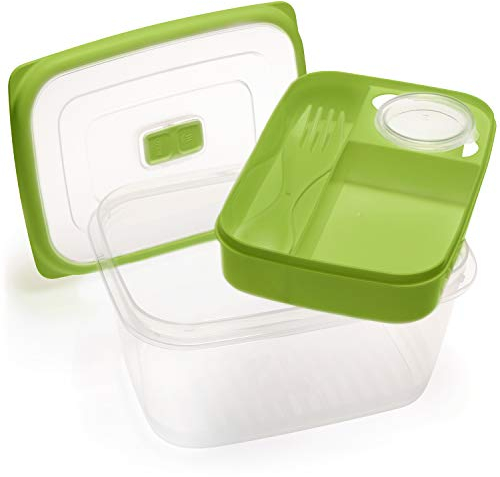 com-four® Lunch box verde con posate e contenitore per salsa - Bento box per lavoro, scuola, università e viaggi - Lunch box lavabile in lavastoviglie (01 pezzo - verde - 19 cm)