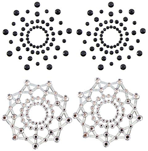 2 Paires Bijou de Seins, Cache tétons Nipples Strass Noirs