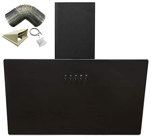 SIA AH60BL 60cm Black Angled Glass Chimney Cooker Hood Kitchen Extractor Fan With 3 Speeds & LED Lights & 3m Flexible External Ducting Kit