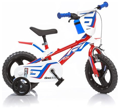 Dino Bikes Kinderfahrrad Jungen 12 Zoll mit 1 Bremse am Lenker Stützräder Rot Blau Weiss