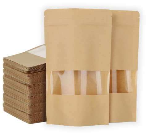 SENENQU Lot de 200 Sachet kraft Alimentaire avec Fenetre, 12×20CM Sachet Kraft Zip Réutilisables, Imperméable Sac Kraft Alimentaire Petit Format pour Noix, Nourriture