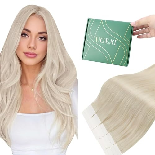 Ugeat Haarverlängerung Echthaar Tape Platinblond, Extensions, Echthaar Klebeband #60A 50 cm 20 Stück
