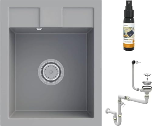 GRANITAN BEST Küchenspüle – Spüle aus Granit mit Siphon Chrom, Sieb und Imprägniermittel - Spülbecken mit 1 Becken – Einbauspüle 40x50 cm – Grau