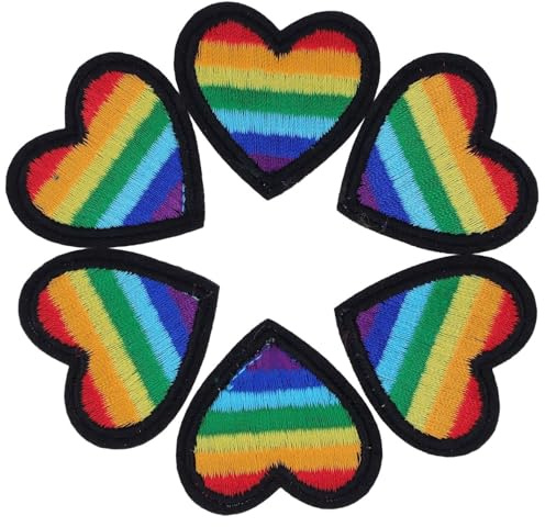 Regenbogen Herz Aufnäher 6 Stück Herz Aufbügeln Patches Regenbogen Applikation für T-Shirt Jeans Kleidung Reparaturen Dekor(Schwarzer Rand)