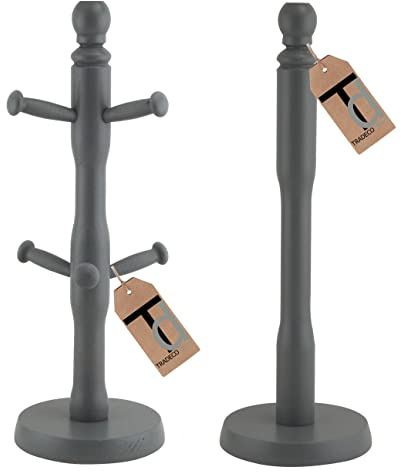 Tradeco direct® 2 Pc Mug Tree (6 Cup) & Kitchen Towel Holder Set Charcoal Grey Beech Wood 35cm