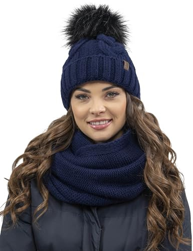 VIVISENCE Damen Bommelmütze Und Loop-Schal Mit Bommel Ideal Für Wintertage 7014, Dunkelblau,Einheitsgröße