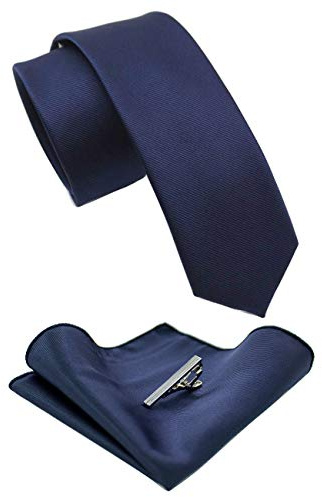 RBOCOTT 2.4 Navy Blue Skinny Tie and Pocket Square with Tie Clip Sets for Men(6cm)