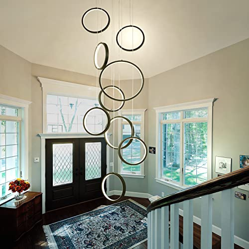 SHIANDAR Moderner LED Kronleuchter mit Fernbedienung für hohe Decken - 9 Rings Dimmbar 3000K–6500K Hängelampe für Wohnzimmer