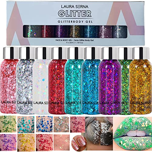 9 Pack Body Gel, Mermaid Sequin Chunky Glitter Face Hair Nail Lip Gel Lasting Sparkling Lotion Glitter Liquid Eye Shadow for Festival Birthday Makeup Party