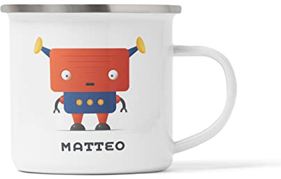Kindertasse mit blau rotem Roboter personalisiert Geschenk Kinder Tasse Geburtstag Trinkbecher Geschenkidee Jahre Name Emaille bruchsicher Melanin (180 ml, Keramik, mit Personalisierung)