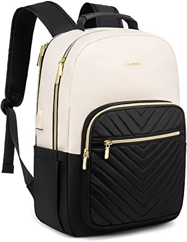 LOVEVOOK Rucksack Damen, 15,6 Zoll Laptoprucksack Schulrucksack Mädchen Teenager mit Laptopfach Schultasche Backpack Rucksäcke Wasserdicht für Schule Reise Uni Business, Beige Schwarz