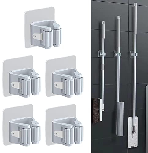 Alicer 5 Stück Besenhalter, Besenhalterung Wand, Besen Mop Halter Wandhalterung, Besenhalter Ohne Bohren für Küche, Zuhause, Badezimmer, Garage,Garten(Gray)
