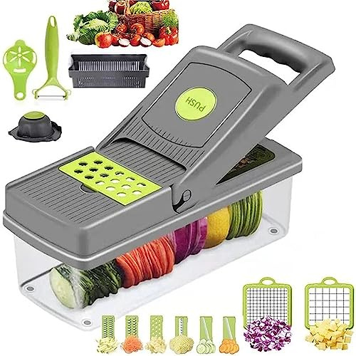 DUTTY Hachoir à légumes 12 en 1 - Mandoline de cuisine - Lames multifonctions - Coupe-légumes et hachoir à oignons - Pour tomates, concombres, carottes