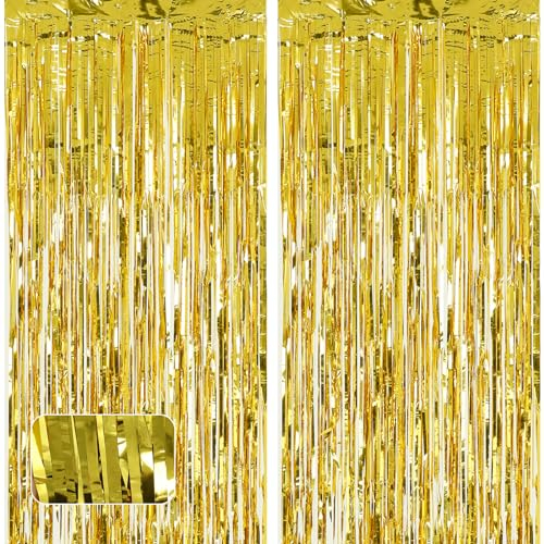 COMNICO Gold Glitter Fringe Curtain Backdrop, 2pcs Gold Tinsel Foil Metallic Streamers Party Decorations for Birthday Wedding Graduation Christmas Halloween Disco (1x2m)