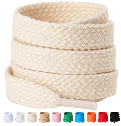 Olukssck 2 Paar 12mm Breit Flache Schnürsenkel aus 100% Baumwolle, Premium Dicke Schuhbänder für Sportschuhe Sneaker Turnschuhe und Freizeitschuhe, Cremefarben, 120cm
