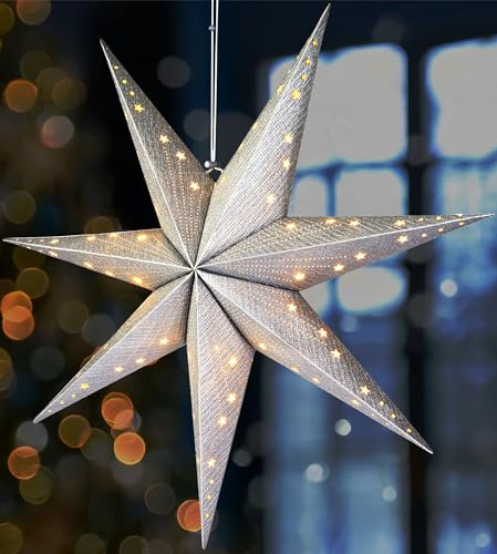 BRUBAKER Weihnachtsstern zum Aufhängen mit E14 Fassung - 60 cm Papierstern | 3D Adventsstern Set mit 3,5 m Kabel - Fenster Deko Leuchtstern Hängend - Silber
