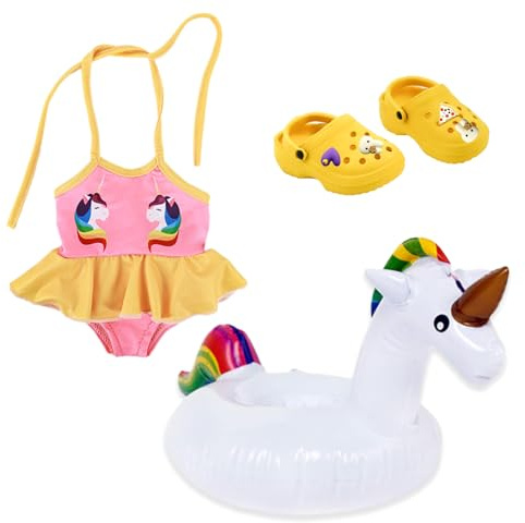 Schwimm-Set für Puppen,3 Stück Badeanzug Puppen Set Einhorn Puppenkleidung Sommer Schwimmset für Puppen mit Badeanzug,Schwimmring und Schuhe für 35 - 45 cm Schwimmpuppe