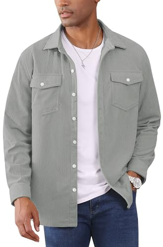 EKLENTSON Langarmshirts für Männer Slim Fit Cordhemdjacke Pendeln Arbeit Business Shirt mit Knöpfen Taschen (S, Hellgrau)