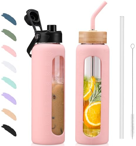 BLUEGO 900ml Glass Water Bottle with Straw and 2 Lids Glass Coffee Cup with Time Marker and Silicone Protector Glass Tumbler for Beverages Soda Cola BPA Free, Pink