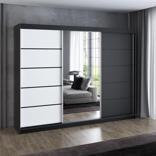 A&J MöbelLand Schwebetürenschrank VILUNO 2 Kleiderschrank 3-türig 200 cm mit Spiegel, 4 Schubladen & 2 Kleiderstangen, Geräumiger Schlafzimmerschrank (Schwarz/weiß)
