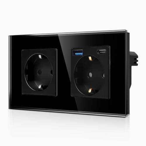 CNBINGO Doppelsteckdose Unterputz, 1x USB-A/C Schnellladen, Glas Schwarz | Schuko Steckdose mit 20W Schnellladen USB-Anschluss, 2-Fach Wandsteckdose Kindersicherung, Horizontal/ Vertikal, Glasrahmen