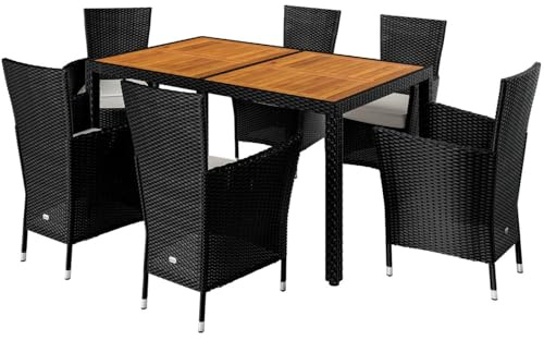 Casaria® Gartenmöbel Set 6 Stühle inkl. 7cm Polster Tisch 150x90cm Polyrattan wetterfest stapelbar Outdoor Balkon Terrasse 160kg belastbar modernes Akazienholz Schwarz