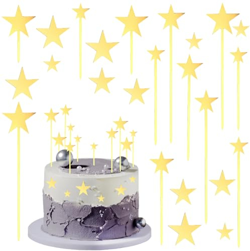 Decorazione Torta Stella, 24pcs Topper Stelle per Torta, Decorazioni Torta Acrilico, Cake Topper Stelle Oro, Decorazione Torta per Compleanni, Matrimoni, Battesimi, Baby Shower, Capodanno, Pasqua