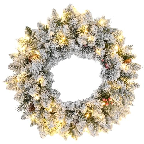 HOMCOM 60cm Pre-Lit Christmas Wreath for Front Door with LED Lights, Pine Cones and Berries, Flocked Winter Wreath for Windows, Wall Decoration, Green