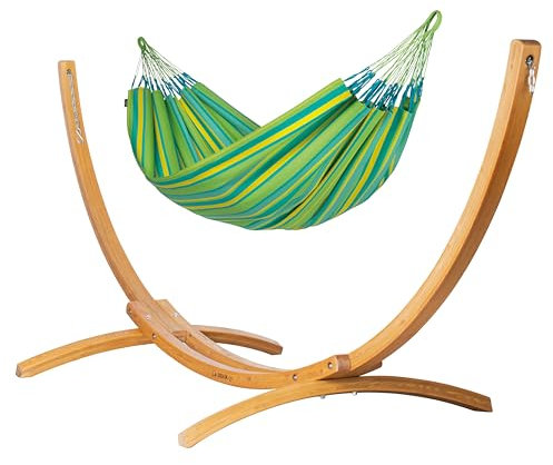 LA SIESTA® Brisa Hängematte & Holzgestell - Wetterfeste Outdoor Indoor Hängematte mit Gestell aus Holz, Hängemattengestell für Balkon Garten - Doppel Hängematte mit Gestell für 2 Personen - Lime
