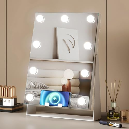 Mondeer Hollywood Spiegel mit Kabelloses Laden, Schminkspiegel mit Beleuchtung und Lichtspeicherfunktion, 9 LED Dimmbar 3 Farbtemperatur Licht, 360° Drehung, Touch Steuerung, Weiß