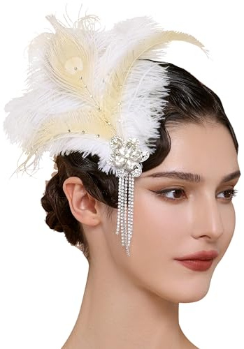 BABEYOND 1920er Pfauenfeder-Kopfschmuck – Diamant-Quasten-Haarspange, Abschlussball, Damen, Vintage-Feder, Haarnadel, Beige