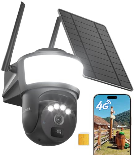 HAOSTEQER 4G LTE Überwachungskamera mit SIM Karte, 2K-Farbnachtsicht | Solarbetriebene Überwachungskamera ohne WLAN, PIR-Erkennung, 360°Kamera mit Flutlicht, 2-Wege-Audio, IP66 Wasserdicht